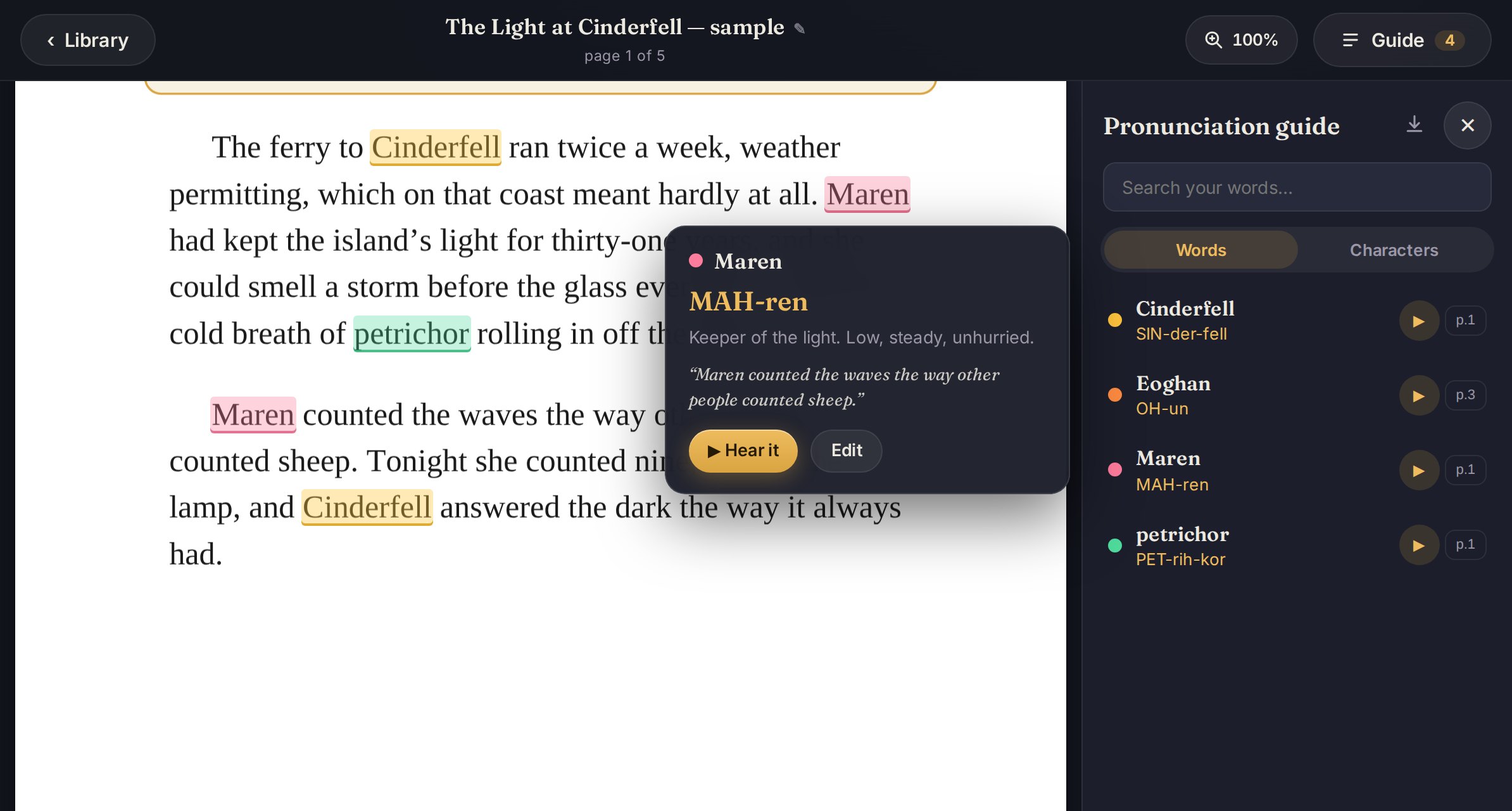 Booth Notes on an iPad: a manuscript page with four marked words glowing in different colors, a card showing how to say Maren, and the pronunciation guide docked at the side.